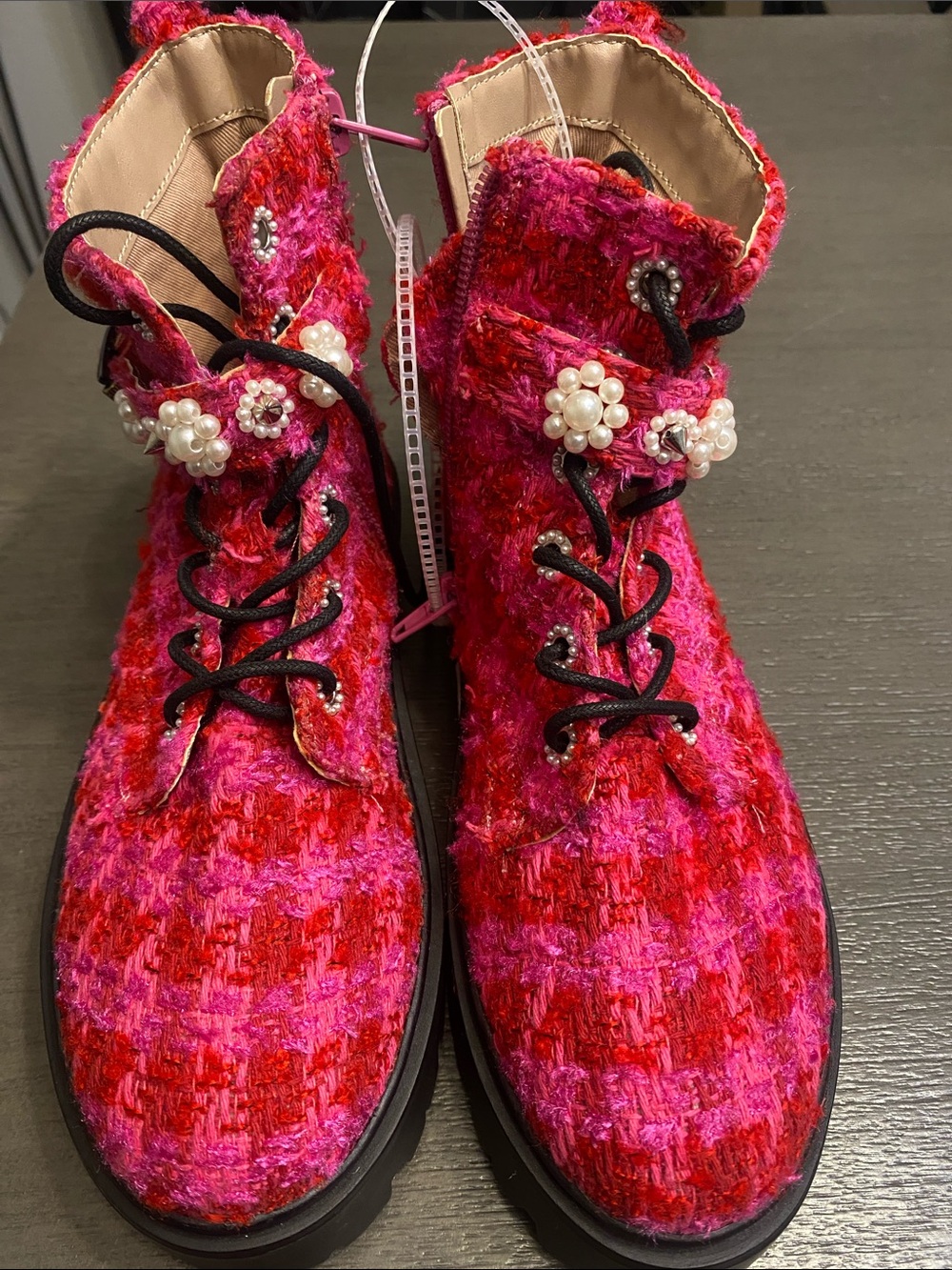 Kids Pink Faux-Fur Lace-Up Combat Boot with Pearl Strap